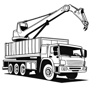 A girl happily looking at a crane truck, perfect for kids to color. coloring page