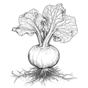 Coloring page of a Kohlrabi with leaves and root structure, suitable for online coloring.