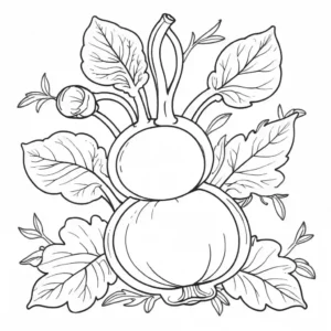 Fine line art of kohlrabi with closed contours, showing bulb and foliage, suitable for online coloring.