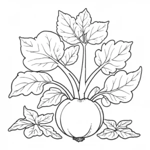 Coloring page of a kohlrabi plant with detailed bulb and leaves, suited for online coloring.