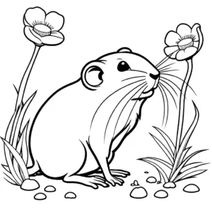 Coloring page of a lemming sniffing a flower.