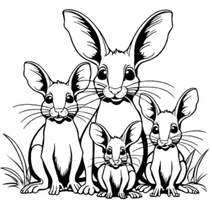Coloring page depicting a Mother Jerboa with her two babies, all elements have closed outlines.