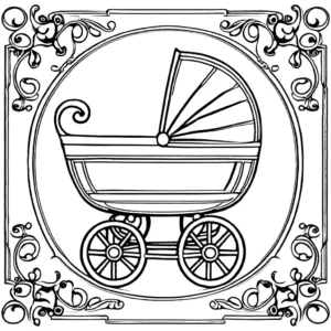 Printable coloring page featuring a vintage-style doll carriage with quilted lining and detachable handle.