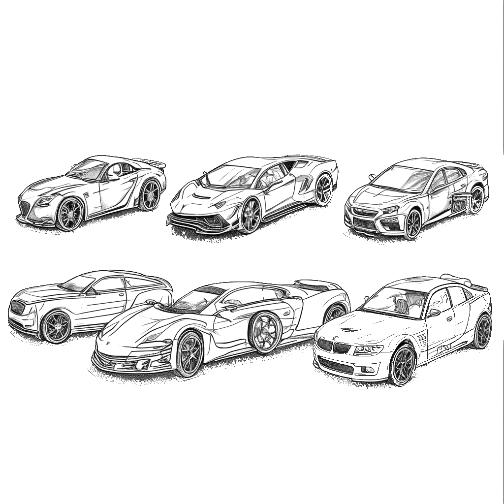 A coloring page featuring a row of toy cars in different shapes and sizes, perfect for children to color online.