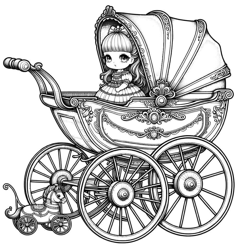 A detailed coloring page of a vintage doll carriage with handle, wheels, and space for a doll