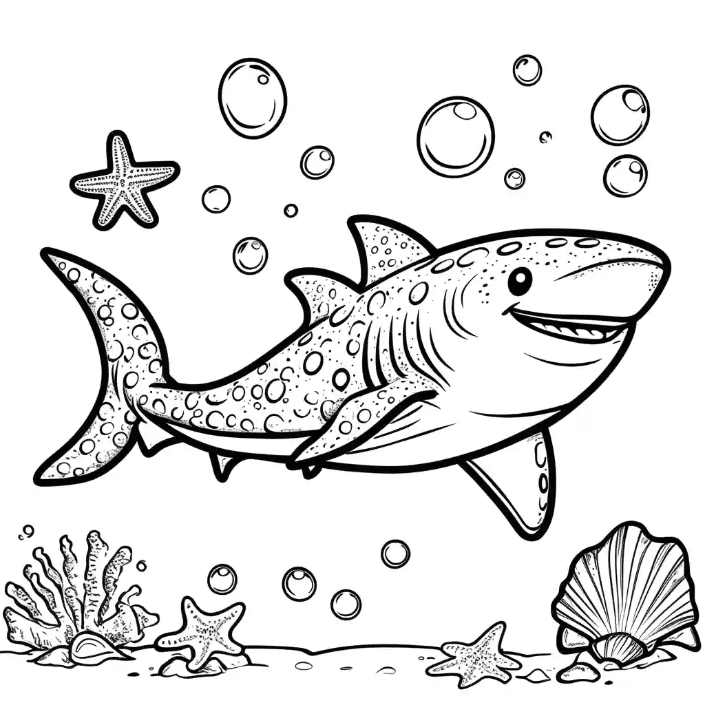Adorable Whale Shark with bubbles and smiling sea creatures, great for online coloring.