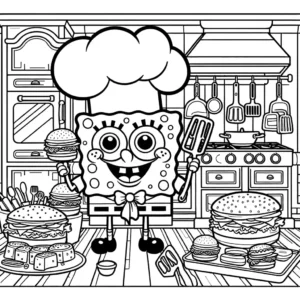 SpongeBob SquarePants in a chef outfit cooking Krabby Patties in a kitchen, featuring kitchen utensils and a stove, great for coloring.