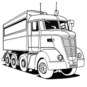 A coloring page depicting a Sattelzug, Semi Trailer Truck, consisting of a Sattelzugmaschine and a Sattelauflieger, for a coloring book.