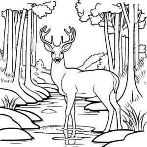 A coloring page showing a deer next to a stream in the forest.