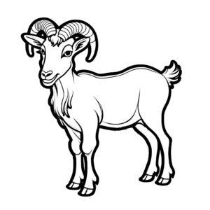 A black and coloring page featuring the whole body of a goat standing and centered on the page