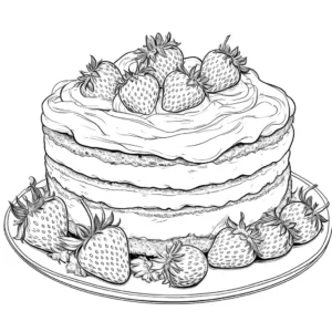 A coloring page showing a Strawberry Shortcake with layers of strawberries and cream, and additional strawberries scattered around the base.