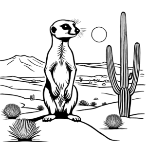 A coloring page featuring a meerkat standing on its hind legs in a desert with cacti and the sun in the background.