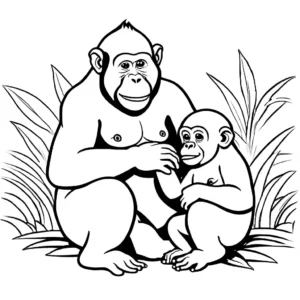 Adorable orangutan baby holding its mother's hand, perfect for coloring.