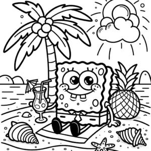 SpongeBob SquarePants sitting on a sandy beach holding a pineapple drink under a palm tree, surrounded by seashells, ideal for coloring.