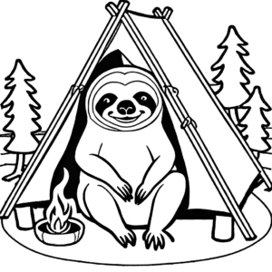 A relaxing sloth sitting by a campfire with a tent and trees in the background, perfect for a coloring book.