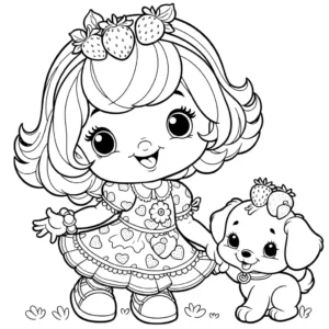 Coloring page of Strawberry Shortcake playing with Pupcake, with all objects and characters closed for easy online coloring.