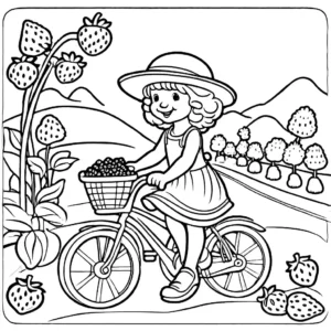 Coloring page of Strawberry Shortcake riding a bicycle with a strawberry-shaped basket, surrounded by strawberry plants and flowers.