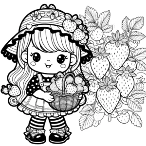 A coloring page of a Strawberry Shortcake doll holding a basket of strawberries, surrounded by large strawberries and flowers. Ideal for online coloring.