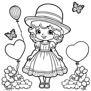 Coloring page of Strawberry Shortcake holding a strawberry-shaped balloon, with clouds and butterflies around her.