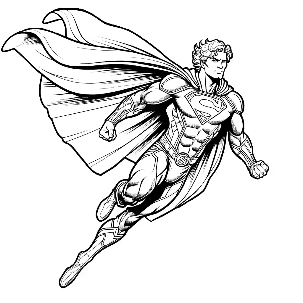 Coloring page of Superman flying through the sky.