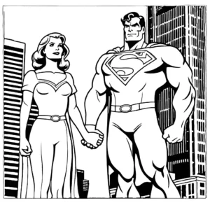 Coloring page of Superman and Lois Lane in front of the Daily Planet building.