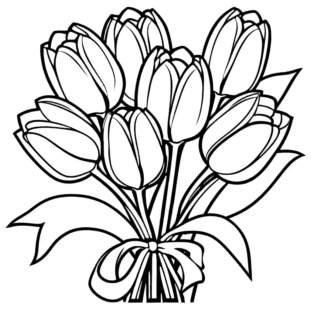 A bouquet of tulips with a ribbon, designed for coloring.