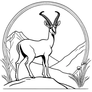 Profile view of an antelope standing on a hilltop, designed as a coloring page for kids.