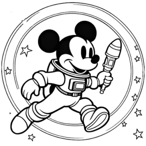 Mickey Mouse as an astronaut with a rocket in space ready for coloring.