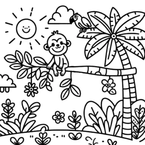 Children's coloring page featuring a smiling monkey on a branch, large palm leaves, a parrot, flowers, and a sun in a simple jungle scene.