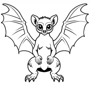 Black and coloring page depicting a lemur with dragon wings