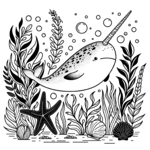 An outlined image of a narwhal whale underwater with seaweed, fish, a starfish, and a seashell for coloring.