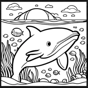 Black and coloring page depicting a Whale swimming in the ocean with starfish and seashells.
