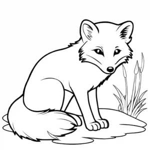 A black-and- coloring page featuring an Arctic Fox with only outlines suitable for coloring.