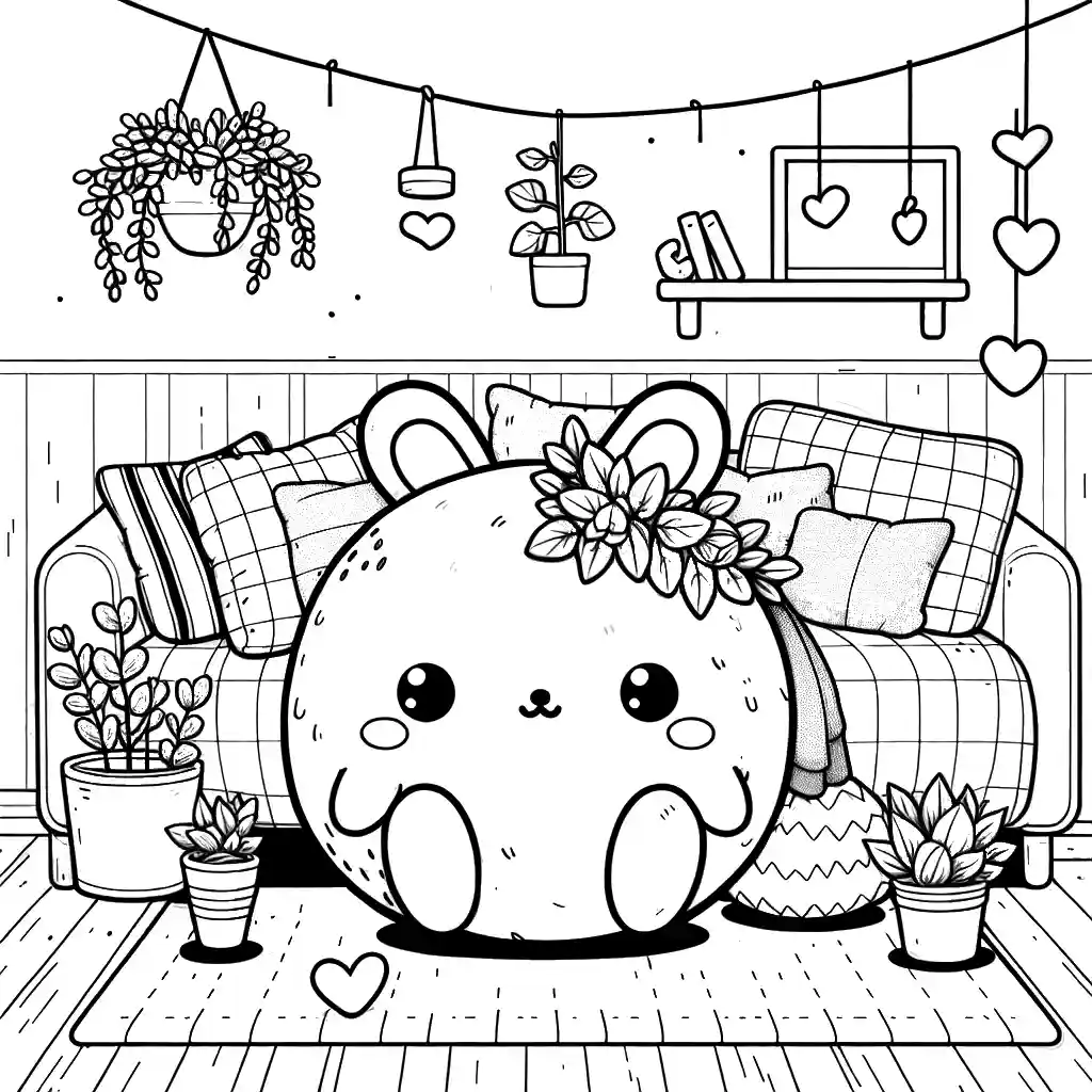 Coloring page featuring a Squishmallow surrounded by cozy decor, ideal for online coloring.