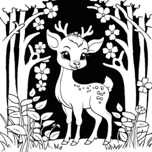Coloring page of a cute baby deer with a flower on its head in a forest
