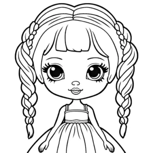 Coloring page featuring a cute face doll with a cute dress and braid hair.