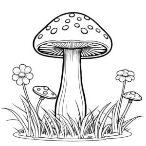 Coloring page featuring a cute mushroom with intricate patterns, surrounded by flowers and grass, designed for a coloring book.