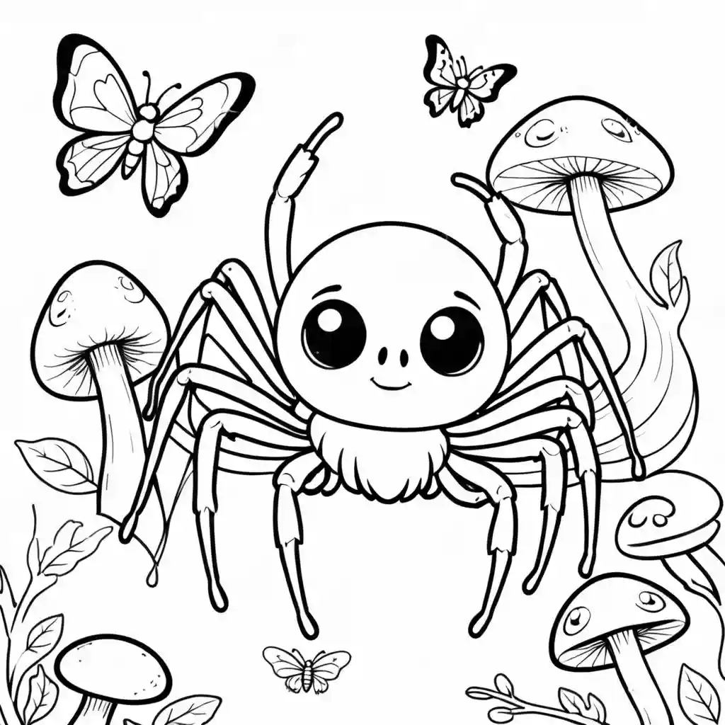 Online coloring page with a spider surrounded by whimsical forest elements like mushrooms and butterflies, perfect for digital coloring.