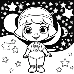 Dora the Explorer under the night sky, featuring stars and the moon for kids to color. coloring page