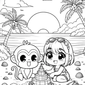 Interactive coloring page of Dora building a sandcastle at the beach with closed line art for simple digital coloring.
