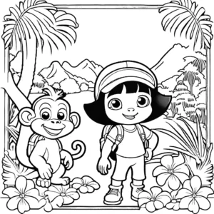 Coloring page of Dora the Explorer in a jungle setting with her backpack, map, and monkey friend.