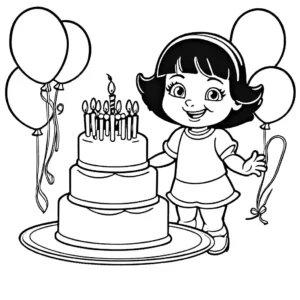 Birthday party theme page with Dora the Explorer, featuring a cake and party decorations. coloring page