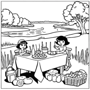 Coloring page showing Dora having a picnic with various foods and countryside scenery.