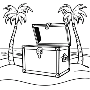 Image of Dora the Explorer in a pirate setting with a treasure chest and palm trees. coloring page
