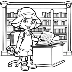 Dora in a school-themed coloring page with books and school supplies for kids.