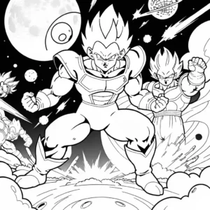 Coloring page featuring Frieza in a battle-ready pose from Dragon Ball Z. Energy blasts surround him.