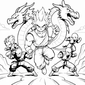 Coloring page of the Z Fighters including Gohan, Krillin, Android 18, and Trunks with a dragon overhead.