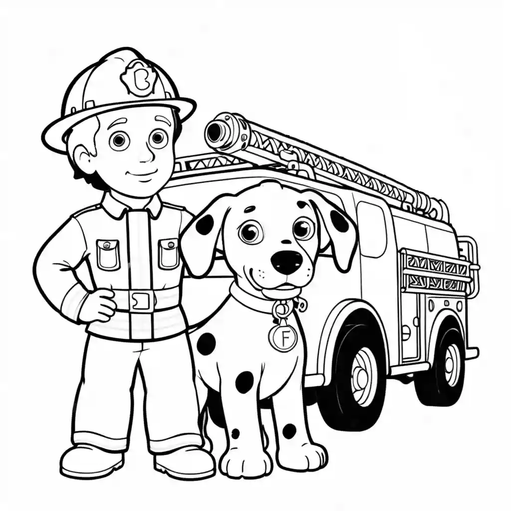 Fireman sam with fire truck and dalmatian coloring page Lulu Pages