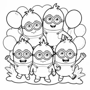 Coloring page of Minions making funny faces with bananas and balloons.