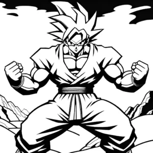 A Dragon Ball Z coloring page featuring Goku in a fighting stance with an energy aura and rocky background.